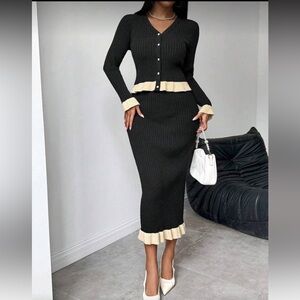 Elegant Black and Cream Ribbed Skirt Set